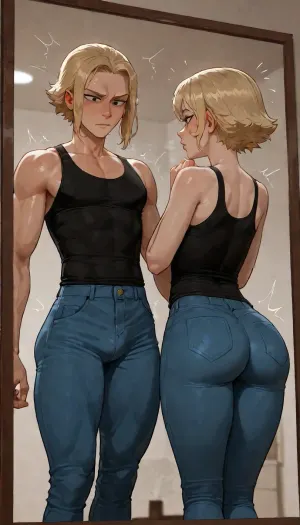 BNHA, (MHA), Hero Prodigy gets a Femboy System, 1boy, Nao Ichijo, age 18, handsome Masculine face, Masculine shoulders, masculine Toned arms, masculine Toned legs, masculine athletic legs, masculine Toned ass, wearing black shirt with blue jeans, His blonde hair so pale it shimmered near silver and his face both sharp and delicate with Black eyes gleamed beneath furrowed brows and His slender frame petite, with just a hint of muscle—strained against the black shirt and slacks clinging to his sweat-damp skin, a spark of electricity that came from his fingertips, standing Infront of a mirror, (looking at his own reflection), reflection is showing feminine Nao Ichijo, 1femboy, beautiful Feminine face, Feminine shoulders, flat chest, feminine Petite arms, feminine Slender legs, feminine Round ass, His short blonde hair so pale it shimmered near silver and his face both sharp and delicate with Black eyes gleamed beneath furrowed brows and His slender frame petite, visible penis bulge. incase style, (Cartoony), incase, style, <lora:SDXL_oral_v1-000009:1>, <lora:bimboxl_02:.5>, <lora:Incase_Style__SDXL:.4>, ac_neg1