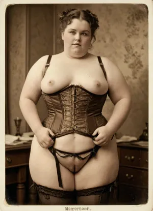 NaughtyPostcard, A stout lady from the early 20th century, a hairy pussy, corset, and garter belt., sepia, megachubsdxl, morbidly, obese, <lora:NaughtyPostcard:1>, <lora:megachubsdxl_13:.3>, <lora:old_world:.8>, flat, chested, <lora:flat_chested_v3.5:.8>, <lora:MJ52:.8>
