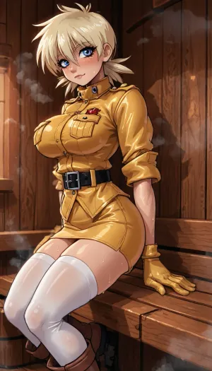 (innv meets jack cayless style), (reiq style, masterpiece, cel-shaded, limited color palette), ((Beautiful Muscles Sexy Seras Victoria from Hellsing anime body:1.4)), (sauna, steam, sauna background:1.2), (1girl, solo, alone, 21 year old woman), (fairly blonde hair cut into a flare cut), (blue eyes), (gorgeous, seductive face, perfect ads, perfect big breast, muscles are well defined, muscular body, muscular arms, perfect hands, muscular legs, big ass, sweaty body), (tight yellow Hellsing uniform with a short skirt:1.4), (long white stockings), (black belt), (tall brown boots), (standing posing), ultraviolet light, LoL, Style, serasvictoria, tan, seras, victoria, hair, over, one, eye, blue, /, red, eyes, military, uniform, yellow, shirt, gloves, skirt, white, thighhighs, belt, <lora:LCMTurboMix_Euler_A_fix:2>, <lora:mk_Bp Anime_xl:2>, <lora:EnvyBeautyXL02:2>, <lora:SerasVictoriaXLLoRAversion10:2>, <lora:hellsing_serasvictoria_xl:2>