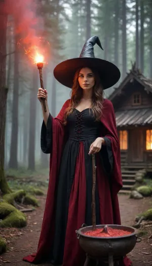 High fantasy witch in black robe and pointed hat and magic wand in hand, standing in front of an ancient wooden hut deep in an enchanted forest, preparing a glowing red demonic potion in a large iron cauldron, glowing particles and sparks, swirl of red mist around her, mystical fog between the trees, ethereal atmosphere, dramatic cinematic lighting, highly detailed, sharp focus, epic fantasy art