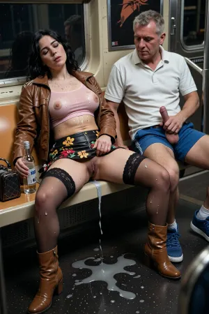 In an almost empty, realistically depicted New York subway car, a young woman, a bitt chubby, sits asleep on a seat, (drunk), with her head tilted back, her legs spread wide open, arms hanging limply, she has black weavy hair, small natural saggy boobs, pale skin covered by moles all over the body, freckles on the inside of her thighs.
She is wearing a brown 70's leather jacket, a short miniskirt with 70's flower pattern, black semi transparent stockings and garter, a tight-fitting semi transparent pale pink crop top, a hairy black puffy pussy, a pair of high leather boots in the same colour as her jacket. We can see an empty bottle of vodka in her hand and her fency hand bag next to her on her seat.
Her chin, chest and crop top, are covered in vomit and she wet herself. You can see a puddle of, (((transparent vodka))), on her seat and on the ground, spilling out from between her thighs and wetting her panties, very realistic liquid.
She has been dancing all night, her body is sweaty, her hair is matted, and her clothes are somewhat disheveled. Sitting across from her is a, (very old), white man, ((85 years old)), (fat), plump, ugly, dirty, he is wearing an old dirty white shirt and a pair of 70s-style electric blue sports shorts, his hard cock is out of his shorts, dick visible. With one hand, ((he puts a finger deep in the woman's pussy)), he looks to her pussy with lust. He looks mischivious.