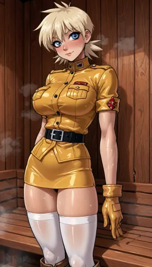 (innv meets jack cayless style), (reiq style, masterpiece, cel-shaded, limited color palette), ((Beautiful Muscles Sexy Seras Victoria from Hellsing anime body:1.4)), (sauna, steam, sauna background:1.2), (1girl, solo, alone, 21 year old woman), (fairly blonde hair cut into a flare cut), (blue eyes), (gorgeous, seductive face, perfect ads, perfect big breast, muscles are well defined, muscular body, muscular arms, perfect hands, muscular legs, big ass, sweaty body), (tight yellow Hellsing uniform with a short skirt:1.4), (long white stockings), (black belt), (tall brown boots), (standing posing), ultraviolet light, LoL, Style, serasvictoria, tan, seras, victoria, hair, over, one, eye, blue, /, red, eyes, military, uniform, yellow, shirt, gloves, skirt, white, thighhighs, belt, <lora:LCMTurboMix_Euler_A_fix:2>, <lora:mk_Bp Anime_xl:2>, <lora:EnvyBeautyXL02:2>, <lora:SerasVictoriaXLLoRAversion10:2>, <lora:hellsing_serasvictoria_xl:2>