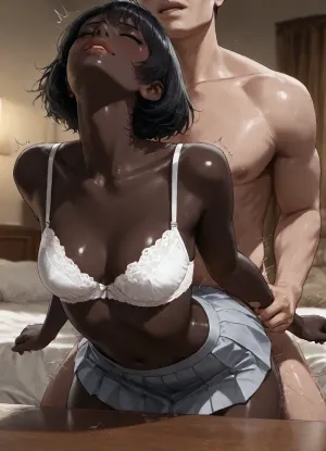 photorealistic, innocent, sexy, (enjoying being fucked from behind by a white man:1.8), creampie. Impregnated., (face like Audrey Hepburn:1.2), (Telugu:.9), (very dark black skin:1.2), (white blouse, white bra, Grey pleated skirt), (long black hair:1.2), small breasts, moaning, orgasm, pubic hair, darkness, trembling, <lora:dark:.8>