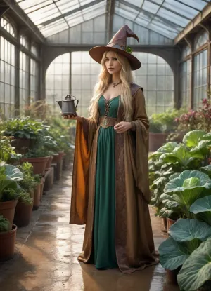 A beautiful female wizard with flowing long blonde hair, standing in a large greenhouse filled with exotic plants. She wears wizard robes, wide brimmed wizard hat on her head, and grips a metallic watering can, pouring water into the jaws of a Chinese Chomping Cabbage. Soft golden sunlight filters through the glass of the greenhouse, casting dappled highlights on the lush green foliage and wet stone floor. Rich earthy greens, warm browns, and metallic silver tones dominate the palette. Detailed textures show fabric folds, glossy leaves, and sharp teeth., Rainbowiridal, Spiral, rainbowiridal, eyes, palette, Shiny..., Bright..., Intense, gaze, Fire, dragon, Amber, cat, Anthro..., woman, Genetically, modified..., <lora:Stunning_eyes_2:.8>, <lora:Portrait_perfection:.8>