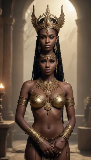 A cinematic scene from an ancient myth. full-body portrait of a black-skinned elf with a thoroughly Russian face and black skin stands naked in the glow of dawn. Her body is adorned with exquisite gold jewelry and patterns reminiscent of ancient symbols of power. On her head is a crown of the finest gold and black beads, radiating a soft glow. Around her neck is a necklace of fangs and plates, and on her wrists are bracelets as if crafted by the gods. Her long ears and face are framed by dangling chains and precious stones, and on her fingers are long dark claws, sharp and beautiful as the night itself. She stands motionless, her arms crossed, like a priestess ready for a ritual. All around is silence and a golden glow, the air filled with magic and the ancient breath of the world. A scene in the spirit of dark fantasy, realistic 4K imagery, soft lighting, mythological atmosphere, inspired by The Elder Scrolls, Dark Souls, and Dune.