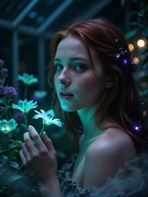 Ultra detailed depiction, extreme close-up composition, sharp focus on her face. A professional cinematic still of a beautiful fantasy redhead woman with pale skin, standing inside a dimly lit greenhouse filled with bioluminescent flowers. Her skin is smooth and cool-toned, with a faint natural sheen. Her eyes are a striking deep green, reflecting the soft glow of the plants around her. Her expression is calm and curious, a gentle smile on her lips as she looks toward one of the glowing flowers near her hand. Her dark hair falls loosely around her shoulders, catching small points of glowing light. Around her, the greenhouse is filled with fantastical flora, glowing flowers in shades of teal, violet, and soft green, casting gentle ambient light through the dim space. Wisps of soft mist drift low along the ground. The overall lighting is dark and moody, lit primarily by the glowing plants themselves, creating dramatic contrast between deep shadow and vivid glowing color. The color palette is dominated by deep blues, teals, and glowing violet accents. Shallow depth of field, soft bokeh background, over-detailed cinematic photography, masterpiece, epic detail, sharp facial details, photorealistic render.