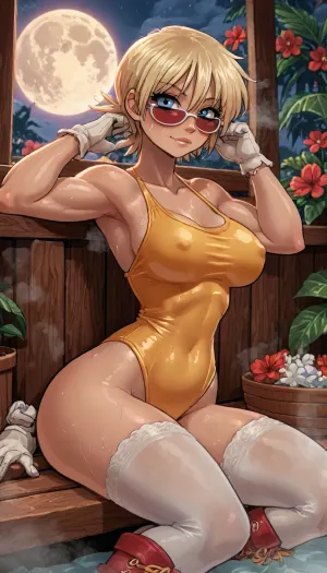 (innv meets jack cayless style), (reiq style, masterpiece, cel-shaded, limited color palette), ((Beautiful Muscles Sexy Seras Victoria from Hellsing anime body:1.4)), ((nighttime, full moon, sauna, Bloodstain, steam, summer, beach, tropical, flowers, plants, background)), (1girl, solo, alone, 21 year old woman), (fairly blonde hair cut into a flare cut), (blue eyes), (gorgeous, seductive face, perfect ads, perfect big breast, muscles are well defined, muscular body, muscular arms, perfect hands, muscular legs, big ass, sweaty body), (tight yellow crisscross one piece swimsuit:1.4), (wearing sunglasses), (long white laced stockings), (white laced gloves), (tall lace boots), (laying down sexy posing sunbathing pose), ultraviolet light, LoL, Style, serasvictoria, tan, seras, victoria, hair, over, one, eye, blue, /, red, eyes, military, uniform, yellow, shirt, gloves, skirt, white, thighhighs, belt, <lora:LCMTurboMix_Euler_A_fix:2>, <lora:mk_Bp Anime_xl:2>, <lora:EnvyBeautyXL02:2>, <lora:SerasVictoriaXLLoRAversion10:2>, <lora:hellsing_serasvictoria_xl:2>