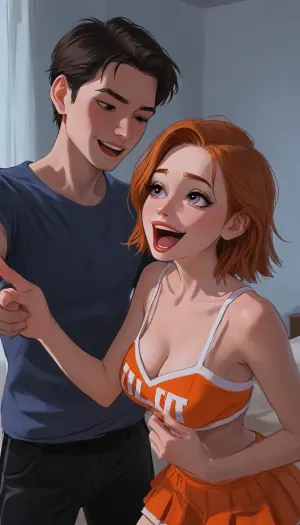 (side perspective), man and woman in a bedroom, Sexy ginger cheerleader in opulent bedroom, woman is laughing and pointing at the man with a small limp dick, laughing at a small dick, pointing at the man, humiliation, cleavage, (hyper detailed), (violet eyes), (SamDoesArts:.9), drawing, (J_cartoon:1.3), (incase:.5), <lora:SDXLSamDoesArts:.5>, <lora:mk_Bp Anime_xl:.2>, <lora:EnvyAnimeDigitalPaintingXL01:.1>, <lora:ratatatat74-000050:.1>, <lora:J_cartoon:.1>