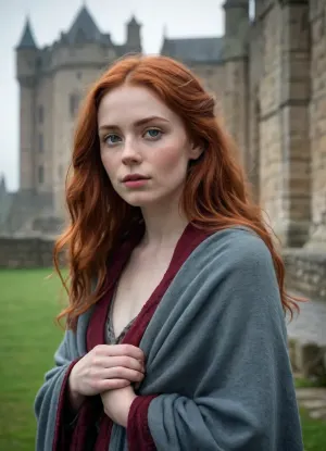 A breathtaking cinematic portrait of a beautiful young Scottish woman with authentic Scottish features, fair, translucent skin, delicate freckles, piercing eyes, and long red hair. She is wearing a cozy vintage wool shawl. She stands against the backdrop of a majestic medieval stone castle, shrouded in a light morning mist. Soft contour lighting, a mystical and atmospheric morning ambiance, ultra-realism, high detail, and photorealism.