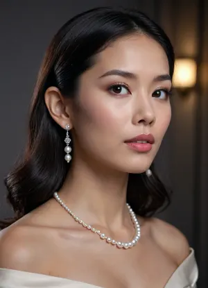 Portrait capturing an Asian woman’s face up close, featuring striking black hair styled sleekly behind her ears, revealing an elegant off-shoulder silk blouse in ivory. She wears statement-rich jewelry—a layered pearl necklace and shimmering diamond earrings. Her captivating eyes evoke mystery, with natural yet refined makeup. The lighting is bright but soft, with a slight rim to highlight her jawline and collarbones. The composition uses a shallow depth of field with a neutral, matte charcoal backdrop, invoking a minimalist, timeless beauty aesthetic.