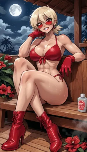 (innv meets jack cayless style), (reiq style, masterpiece, cel-shaded, limited color palette), ((Beautiful Muscles Sexy Seras Victoria from Hellsing anime body:1.4)), ((nighttime, full moon, sauna, Blood, steam, summer, beach, tropical, flowers, plants, background)), (1girl, solo, alone, 21 year old woman), (fairly blonde hair cut into a flare cut), (vampire), (red eyes), (has bloody vampires fags teeth), (gorgeous, seductive face, perfect ads, perfect big breast, muscles are well defined, muscular body, muscular arms, perfect hands, muscular legs, big ass, sweaty body), (tight red blood crisscross one piece underwear), (wearing red blood sunglasses), (long red blood stockings), (red blood gloves), (red blood tall high heel), (laying down sexy posing sunbathing), ultraviolet light, LoL, Style, serasvictoria, tan, cute, doodle, <lora:LCMTurboMix_Euler_A_fix:2>, <lora:mk_Bp Anime_xl:2>, <lora:EnvyBeautyXL02:2>, <lora:SerasVictoriaXLLoRAversion10:2>, <lora:cutedoodle_XL-000012:2>