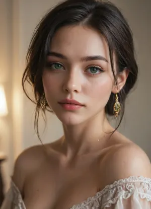 Close-up portrait of an Asian woman with smooth black hair cascading elegantly over her shoulders, wearing a luxurious off-shoulder top in deep emerald green. Her mesmerizing eyes, accentuated by subtle smoky eye makeup, draw the viewer in. Adorned with intricate gold and diamond jewelry highlighting her neckline and ears. Soft, warm lighting enhances her flawless skin tone, creating gentle shadows to add depth. The background is a blurred gradient of dark jade and gold hues, emphasizing elegance and sophistication in a modern, high-fashion style.