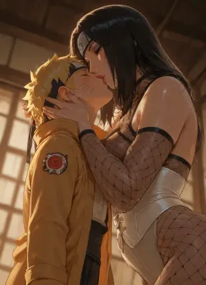 masterpiece, high detailed, (Glossy liner anime style), (Yūhi Kurenai from Naruto, long black hair, her white corset, fishnet halter, hourglass figure body, 36 years old, eyeshadow, milf, giant woman), (1 boy, Naruto_Uzumaki, yellow hair, his yellow coat, headband with Konoha emblem, short and small boy), (mother and son, taboo relationship), woman holding back of boy's head, (height difference, giant woman and small boy), side view, below view, deep field shot, backlight, hetero, woman bend forward to kissing the boy, waist, bend over, mouth to mouth, wet kiss