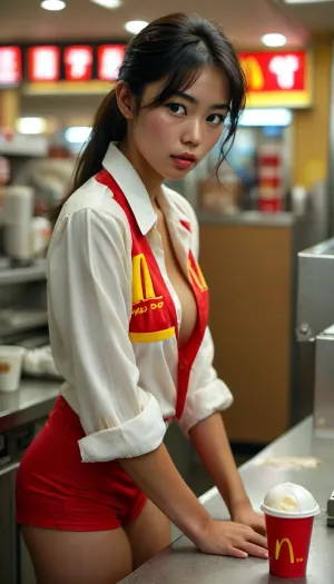 Beautiful young Asian woman working at a McDonald's in 1984, unbuttoned short, McDonald's uniform, 1980s styles and hair, leaning over the counter, cleaning the counter with a rag, plump lips, sweaty, covered in sweat, big ass, ((perky butt)), muscular ass, toned ass, but, downblouse, nipslip, <lora:MJ52:.5>, <lora:BUT_SDXL_SHS:.5>, <lora:RealDownblouseXL2:.8>