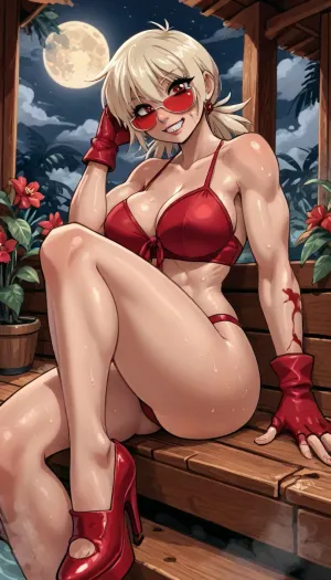 (innv meets jack cayless style), (reiq style, masterpiece, cel-shaded, limited color palette), ((Beautiful Muscles Sexy Seras Victoria from Hellsing anime body:1.4)), ((nighttime, full moon, sauna, Blood, steam, summer, beach, tropical, flowers, plants, background)), (1girl, solo, alone, 21 year old woman), (fairly blonde hair cut into a flare cut), (vampire), (red eyes), (has bloody vampires fags teeth), (gorgeous, seductive face, perfect ads, perfect big breast, muscles are well defined, muscular body, muscular arms, perfect hands, muscular legs, big ass, sweaty body), (tight red blood crisscross underwear), (wearing red blood sunglasses), (long red blood stockings), (red blood gloves), (red blood tall high heel), (laying down sexy posing sunbathing), ultraviolet light, LoL, Style, serasvictoria, tan, cute, doodle, <lora:LCMTurboMix_Euler_A_fix:2>, <lora:mk_Bp Anime_xl:2>, <lora:EnvyBeautyXL02:2>, <lora:SerasVictoriaXLLoRAversion10:2>, <lora:cutedoodle_XL-000012:2>
