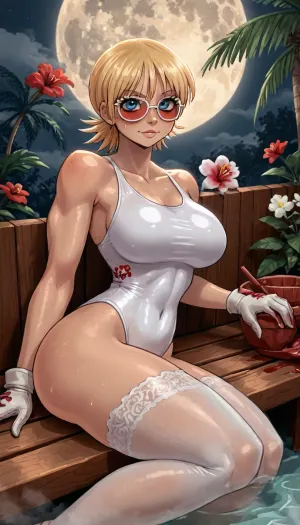 (innv meets jack cayless style), (reiq style, masterpiece, cel-shaded, limited color palette), ((Beautiful Muscles Sexy Seras Victoria from Hellsing anime body:1.4)), ((nighttime, full moon, sauna, Blood, steam, summer, beach, tropical, flowers, plants, background)), (1girl, solo, alone, 21 year old woman), (fairly blonde hair cut into a flare cut), (blue eyes), (gorgeous, seductive face, perfect ads, perfect big breast, muscles are well defined, muscular body, muscular arms, perfect hands, muscular legs, big ass, sweaty body), (tight white crisscross one piece swimsuit with blood spotes:1.4), (wearing red sunglasses), (long white laced crisscross swimsuit stockings with blood spots), (white laced summer gloves with blood spots), (tall lace summer high heel with blood spots), (laying down sexy posing sunbathing pose), ultraviolet light, LoL, Style, serasvictoria, tan, seras, victoria, hair, over, one, eye, blue, /, red, eyes, military, uniform, yellow, shirt, gloves, skirt, white, thighhighs, belt, <lora:LCMTurboMix_Euler_A_fix:2>, <lora:mk_Bp Anime_xl:2>, <lora:EnvyBeautyXL02:2>, <lora:SerasVictoriaXLLoRAversion10:2>, <lora:hellsing_serasvictoria_xl:2>