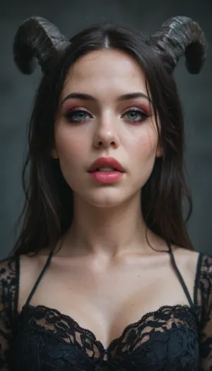 (body view:1.8), Pale-skinned demon girl, iridescent coloring, holographic effect, risqué black lace blouse with a chromatic sheen, very deep neckline, large lace details, Gothic background, (long straight horns:1), beautiful mixed-race girl, highly detailed face, ample bust, lovely face, small nose, large mouth, full lips, defined cheekbones, (makeup:1.5), voluminous hair, black hair, ultra-detailed image., <lora:EnvyZoomSliderXL01:2>, <lora:EnvyInfernalXL01:.8>, <lora:pale_demon:.8>