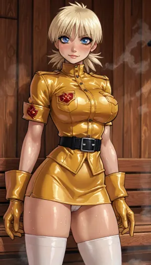 (innv meets jack cayless style), (reiq style, masterpiece, cel-shaded, limited color palette), ((Beautiful Muscles Sexy Seras Victoria from Hellsing anime body:1.4)), (sauna, steam, sauna background:1.2), (1girl, solo, alone, 21 year old woman), (fairly blonde hair cut into a flare cut), (blue eyes), (gorgeous, seductive face, perfect ads, perfect big breast, muscles are well defined, muscular body, muscular arms, perfect hands, muscular legs, big ass, sweaty body), (tight yellow Hellsing uniform with a short skirt:1.7), (long white stockings), (tall brown boots), (standing posing), ultraviolet light, LoL, Style, serasvictoria, tan, seras, victoria, hair, over, one, eye, blue, /, red, eyes, military, uniform, yellow, shirt, gloves, skirt, white, thighhighs, belt, <lora:LCMTurboMix_Euler_A_fix:2>, <lora:mk_Bp Anime_xl:2>, <lora:EnvyBeautyXL02:2>, <lora:SerasVictoriaXLLoRAversion10:2>, <lora:hellsing_serasvictoria_xl:2>