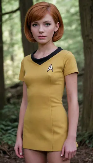 Super Sexy, young, ginger hair, pixie cut cosplay as Star Trek uniform. flat breasts, startrektos, dress, tiny petite girl. Petite, boy chest., flat, chested, Yellow Cadet uniform. no tits. low cut top, <lora:TOSXL-000040:.8>, <lora:ahxl_v1:.8>, <lora:flat_chested_v3.5:.8>