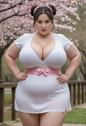 Portrait, Obese 1girl, plumper chun-li, double_bun, hair_bun, petite chubby face, dress, solo, brown_hair, shy smile, double shin, wide jawline, thighs, jewelry, fatty, china_dress, thick_thighs, chinese_clothes, ?, large_breasts, brown_eyes, earrings, ??, english_text, cleavage, clothing_cutout, cherry_blossoms, short_sleeves, hair_ribbon, blush, ribbon, cleavage_cutout, no_panties, muscular, muscular_female, hand_on_hip, pelvic_curtain, thought_bubble, standing, white_dress, bare_legs, outdoors, closed_mouth, huge, breasts, <lora:runga_8.1-000002:.2>, <lora:Taretiti_XL-v1:.4>