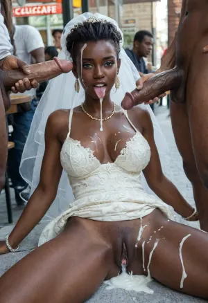 (3boys staying around:1.5), open mouth, orgasm look, (laying outside in the street cafe:1.8), (beautiful African bride:1.5), (traditional African bride costume:1.8), purple lipstick, golden blue eyeshadow, light golden eyes, purple eyeliner, long pigtails, cock sucking, cock licking with her tongue, cum runs out of mouth, cum bursting out of dick, tongue sticking out, oral cumshot, (exploding cumshot:1.5), projectile cum, cum on tongue, (giant ejaculating cock:1.5), (massive cumshot:1.8), fullbody, low angle view, (face and hair cum covered:1.8), clothes cum covered, nice natural breast, (ejaculating giant penis:1.9), bukkake, facial