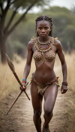 cinematic film still of, a shredded woman running away from a rhinoceros, shredded woman style, dark skin, beautiful cute gil African Masai tribe hunter in traditional accessories adorned on nude body, ((in a leopard skin on his shoulders)), ((with a spear in his hand)), shallow depth of field, vignette, highly detailed, high budget, bokeh, cinemascope, moody, epic, gorgeous, film grain, grainy