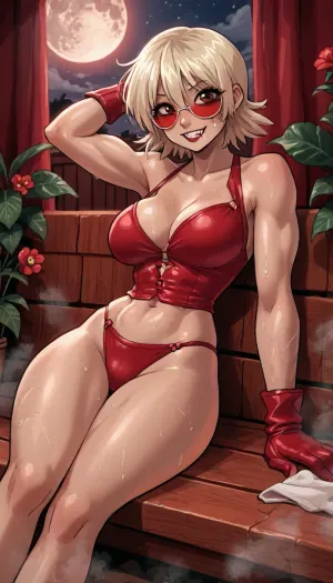 (innv meets jack cayless style), (reiq style, masterpiece, cel-shaded, limited color palette), ((Beautiful Muscles Sexy Seras Victoria from Hellsing anime body:1.4)), ((nighttime, full moon, sauna, Blood, steam, summer, beach, tropical, flowers, plants, background)), (1girl, solo, alone, 21 year old woman), (fairly blonde hair cut into a flare cut), (vampire), (red eyes), (has bloody vampires fags teeth), (gorgeous, seductive face, perfect ads, perfect big breast, muscles are well defined, muscular body, muscular arms, perfect hands, muscular legs, big ass, sweaty body), (tight red blood crisscross one piece underwear), (wearing red blood sunglasses), (long red blood stockings), (red blood gloves), (red blood heel), (laying down sexy posing sunbathing), ultraviolet light, LoL, Style, serasvictoria, tan, cute, doodle, <lora:LCMTurboMix_Euler_A_fix:2>, <lora:mk_Bp Anime_xl:2>, <lora:EnvyBeautyXL02:2>, <lora:SerasVictoriaXLLoRAversion10:2>, <lora:cutedoodle_XL-000012:2>
