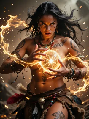 A cinematic fantasy scene featuring a fierce tribal sorceress casting a spell in a storm of glowing embers. Her long dark hair flows wildly as she channels swirling golden energy between her hands, forming a radiant sphere of light. Ancient tattoos and mystical symbols glow faintly on her skin. She wears traditional leather garments adorned with feathers, beads, and bones. The atmosphere is charged with magic — dust and sparks float through the air as the camera circles her in slow motion. Her eyes burn with determination and power. Dramatic lighting, shallow depth of field, ultra-detailed, 4K epic fantasy film aesthetic.