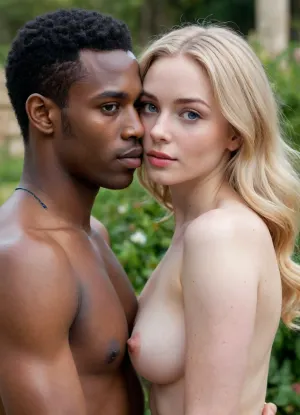 The scene is a lovely rose garden surrounded by a high walls of limestone. Two people are in the garden. Theyx embrace and kiss passionately. The first person is a naked woman of 19 years old. She has long pale blonde hair that curls slightly at the ends. She has very pale white skin, large blue eyes, freckles on her cheeks and chest, eyebrows matching her hair colour. Her cheeks are chubby and her face is slim, slender and very beautiful. She has round large full natural breasts with subtle freckles, slender body with thin waistline. She is completely naked. No underwear. A breeze gently ruffles her hair. The second person is a young black african man wearing a military airforce uniform with medals