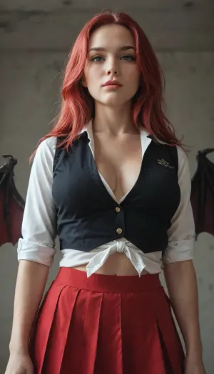A symmetrical front-view medium shot of a real-life Rias Gremory. She is wearing a white long-sleeve shirt under a black vest and a pleated pink skirt. Her long vibrant crimson hair cascades down her chest. Positioned entirely behind her upper body, large dark leathery bat wings extend outwards from the lower background. The wings emerge from behind her torso, well below her neckline, keeping her head and hair completely clear of the wings. Dark cinematic background, 8k resolution, hyper-realistic. Her breasts are huge and round. photorealistic, 8k, dramatic lighting. 4ng3l, face, <lora:SDXL_BetterFaces-LoRA_v1:1>