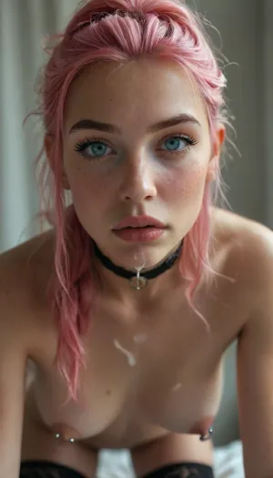 Cinematic still, (18yo woman), submissive, horny, cute, gorgeous, freckles, ((slim:1.4)), perfect round breasts, nipple piercing, pink hair, destinctive nose, nude, black stockings, black choker, striking facial features, (bright blue eyes), sad eyes, narrow face, wet skin, (crawling over the viewer:1.5), (((looking directly to the viewer))), (cum everywhere:1.5), mouth closed, kiss mouth, (ruined hairstyle:1.7), cum on tits, cum dripping, devot, (closeup face:1.7), view from below, 4k epic detail, shot on kodak, 35mm photo, sharp focus, high budget, cinemascope, moody, epic, film grain, grainy, score_9, score_8_up, score_7_up, rating, explicit, big_eyes, but, <lora:style_lora_realis:2>, <lora:BUT_SDXL_SHS:2>, <lora:SDXLHighDetail_v6-000005:2>