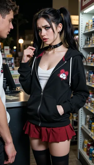 1 boy, 1 girl, night, Young beautiful female standing at the register at a corner store, she is horny, her eyes look obsessed with the clerk boy, she looks seductively at store clerk, she has no money and is ashamed, girl blowjob gestures, she is fully clothed, she is wearing a black choker, she is wearing her dark red uniform skirt and a black oversized closed zipper hoodie with cute prints, under her hoodie she is wearing a white camisole, she is wearing black thigh high wool socks, subculture Jirai is her fashion style, eighteen years old, she is black haired, she has long messy twintails hair, her hair is over her face, she has multiple ear piercings, she is young fit and anorexic, she has flat small chest, pale white skin, she has bright green eyes, her eyes look tired, black eyeliner, black eyeshadow, perfect and beautiful, narrow waist, slim hips and slim thighs, wild long bangs, she is aroused and she is blushing red, she is breathing heavy, she is sweaty