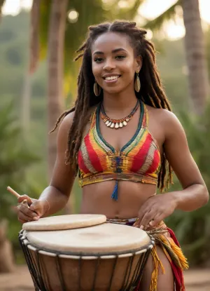 (photorealism:1.3), (masterpiece:1.2), (best quality:1.1), stunning detail, natural skin texture, charming young black woman with long dreadlocks and large breasts, representative of the tribe, (playing bongo drums:1.7), looking to the side, wearing a bright multicolored, (sexy top:1.3), and skirt, tribal jewelry, golden light, sunset atmosphere, outdoors, reggae festival, Jamaica, blurred background with, (dancing people:1.4), silhouettes of palm trees, distant mountains, bokeh light, festival, golden hour, warm color temperature, shallow depth of field, sharp focus on the subject, studio lighting, Canon EOS R5, 8K, detailed skin, soft shadows
