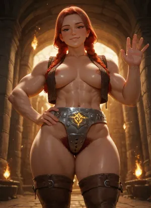 high quality, photorealistic, underground temple, dwarf woman, muscular, athletic, defined muscles, stout compact body, thick legs, broad arms, (short:1), alone, red braids, freckles, medium breasts, (), (untied leather vest), knitted brown thighhighs, (heavy steel chastity belt:1.3), (glowing magic rune in front of belt), (excessive pubic hair), standing, legs apart, (left hand on hip), (right hand waving), condfident, smiling, (looking at viewer)