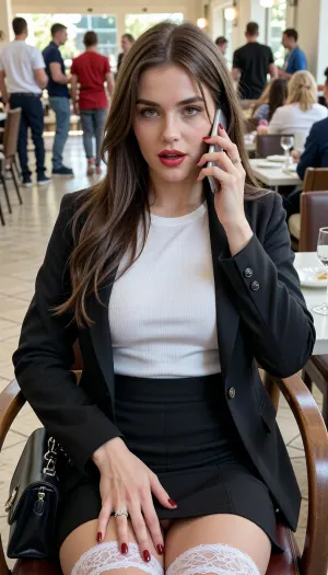 The front view. An 28 years old girlfriend is sitting with tighten thighs on a restaurant seat, she's pressing her handbag against her. She is a brunette, wears red lipstick, and has her nails painted dark red. She'sShe is wearing a tight white top, a black social suit, and a black skirt, white lace transparent panties very few visible. Wedding ring with a diamond on her ring finger. Viewer is sitting 5 seats far away from her and secretly taking pictures with a smartphone. She's looking at viewer while she's talking on the phone. There are a lot of people on the restaurant, and people are standing and sitting in the background. Daytime, sunlight sparkling the scene, soft lighting.