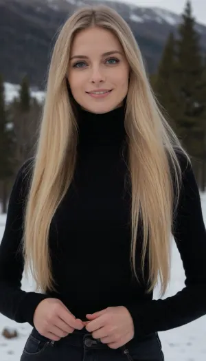 high quality picture, 8k, young danish woman, (extreme slim body), (blue-grey eyes), (extreme long blonde hair), perfect beautiful hair, (very beautiful slim face), jewelry, small breasts, ((black turtleneck sweater, long sleeves, black jeans)), looking at viewer, smiling, standing, outside, park, trees, snow, blue sky, mountain, NEGATIVE_HANDS, clothes