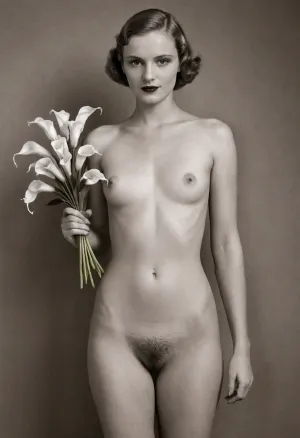 art deco style, full nude, the model is holding a bouquet of white calla lilies with both hands, blackandwhite, sepia, by George Hoyningen-Huene, <lora:flat_chested_v3.5:.5>, h41ry, <lora:h41ry:.8>, flat, chested, <lora:flat_chested_v3.5:.8>, <lora:Man_Ray_Subtle_Surrealist_Photography_Style_SDXL-000004:.8>