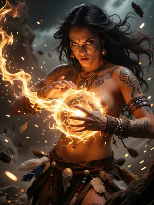 A cinematic fantasy scene featuring a fierce tribal sorceress casting a spell in a storm of glowing embers. Her long dark hair flows wildly as she channels swirling golden energy between her hands, forming a radiant sphere of light. Ancient tattoos and mystical symbols glow faintly on her skin. She wears traditional leather garments adorned with feathers, beads, and bones. The atmosphere is charged with magic — dust and sparks float through the air as the camera circles her in slow motion. Her eyes burn with determination and power. Dramatic lighting, shallow depth of field, ultra-detailed, 4K epic fantasy film aesthetic.