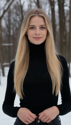 high quality picture, 8k, young danish woman, (extreme slim body), (blue-grey eyes), (extreme long blonde hair), perfect beautiful hair, (very beautiful slim face), jewelry, small breasts, ((black turtleneck sweater, long sleeves, black jeans)), looking at viewer, smiling, standing, outside, park, trees, snow, blue sky, mountain, NEGATIVE_HANDS, clothes