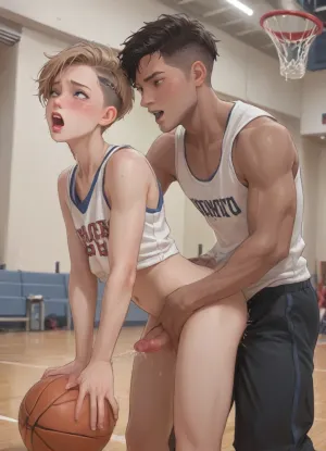 ((anime style)), (Thick outline:1.4), ((Cartoon Style:1)), ((Hentai)), (seen from the side), gay, interracial, indoor basketball court, slim twink in working clothes, slender, petite, shaved pixie cut, freckles, twink slut getting fucked by a massive black man. Anal sex, getting fucked from behind, doggystyle, a big black man, large penis, (body shaking orgasm, screaming orgasm, ahegao), score_9, score_8_up, score_7_up, score_6_up, style anime, inspired illustration, oda, non, front view, <lora:outline_xl_kohaku_delta_spv5x:1.9>, <lora:cartoon_stickers_xl_v1:.5>, <lora:AshMilkshake_Illustrious_v1:1.1>, <lora:NEOTOKIOXL_0.2_RC:.5>, <lora:Ppolar-P3v1-NbVp10:.8>