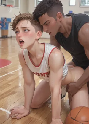 ((anime style)), (Thick outline:1.4), ((Cartoon Style:1)), ((Hentai)), (seen from the side), gay, interracial, indoor basketball court, slim twink in working clothes, slender, petite, shaved pixie cut, freckles, twink slut getting fucked by a massive black man. Anal sex, getting fucked from behind, doggystyle, a big black man, large penis, (body shaking orgasm, screaming orgasm, ahegao), score_9, score_8_up, score_7_up, score_6_up, style anime, inspired illustration, oda, non, front view, <lora:outline_xl_kohaku_delta_spv5x:1.9>, <lora:cartoon_stickers_xl_v1:.5>, <lora:AshMilkshake_Illustrious_v1:1.1>, <lora:NEOTOKIOXL_0.2_RC:.5>, <lora:Ppolar-P3v1-NbVp10:.8>