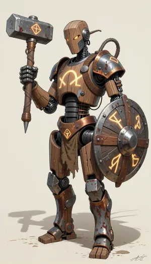 fantasy art, illustration, line art, color drawing, humanoid medieval fantasy robot made from wood, copper and iron, arcene glowing runes carved in the robot, holding a large mallet like warhammer, a round cog like shield strapped to the left arm of the robot, old battered and worn robot