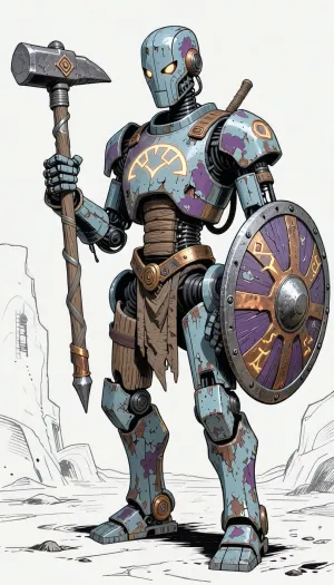 fantasy art, illustration, line art, black and white drawing, sketch, humanoid medieval fantasy robot made from wood, copper and iron, arcene glowing runes carved in the robot, holding a large mallet like warhammer, a round cog like shield strapped to the left arm of the robot, old battered and worn robot, painted in pale blue and purple colors, paint worn and chipped