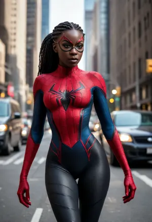 8k, best quality, (masterpiece), (intricate details), ((rear view)), super sexy 25 year old Black woman dressed as a female Spider-Man, ((black skin:1.5)), long braided black hair, authentic red, and blue 190s era Spider-Man costume, (small black eye mask), brown eyes, perfect face, detailed eyes, sexy, mysterious, ((small round breasts)), narrow hips, muscular legs, tight round ass, red boots, perfect lighting, high detail, octane render, (full-body shot from a distance), in the center of a busy New York City street, action pose