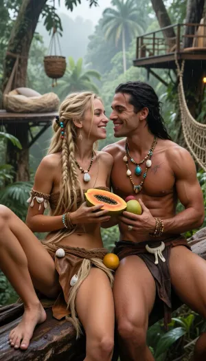 masterpiece, intimate close foreground portrait of a couple high above the rainforest canopy, cropped from about the hips upward, the couple dominates the image, their faces are the absolute focus, blonde jungle woman, 25 years old, tanned fair skin, athletic body, very long thick blonde dreadlocks decorated with beads, shells and small bone ornaments, barefoot, wearing a rugged handmade loin covering of tanned leather and woven natural fibers and a very small primitive top made from natural materials, beside her sits her partner, fictional jungle man, 32 years old, very masculine powerful physique, broad shoulders, muscular chest and arms, dark sun warmed skin with visible pores and subtle scars, long black hair partly braided and slightly wild, wearing a weathered leather loin covering, layered jewelry of bones, teeth, shells, turquoise stones and irregular beads, the two sit very close together on an open treetop platform, sharing fresh tropical fruit, feeding each other ripe papaya, mango, passion fruit and guava, smiling softly, gazing into each others eyes, the happiness and deep love they share clearly visible in their expressions, warm joyful intimacy, beautiful realistic teeth, brilliant eyes, rich skin texture, their leather, jewelry and hair rendered in exquisite detail, golden warm light bathing their faces and upper bodies, soft highlights on skin and beads, romantic tropical glow, behind them the treetop living environment is visible only as softly blurred atmospheric background, several separate open platforms spread across different giant trees, a soft sleeping nest, a rustic washing platform, hanging baskets and woven rope bridges, all out of focus, no enclosed houses, no spa look, no porcelain, everything handmade from rough branches, bark, lianas, leaves and palm fibers, endless rainforest canopy and drifting mist beyond, shallow depth of field, dreamy background blur, cinematic photorealism, ultra detailed faces, masterpiece quality, emotional, alive, free, deeply romantic