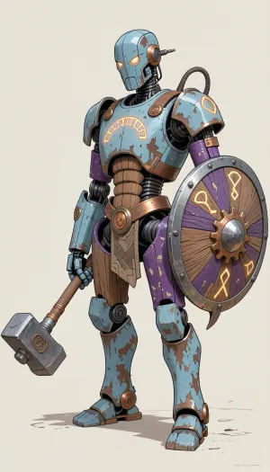 fantasy art, illustration, line art, color drawing, humanoid medieval fantasy robot made from wood, copper and iron, arcene glowing runes carved in the robot, holding a large mallet like warhammer, a round cog like shield strapped to the left arm of the robot, old battered and worn robot, painted in pale blue and purple colors, paint worn and chipped