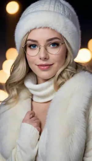 (young Sexy Sweet Tempting Woman), Professional sexy seduction modelposes, supermodel, perfect lighting, ultra realistic, 8k resolution, ultra detailed, instagram model, professional photography, night, Snowy, Snowfield, Bonfire party, Camping, luxurious ash blond hair, Blue eyes, Sexy lips, flashy makeup, Exquisite earrings, Exquisite necklace pendant, Exquisite jewelry, Beanie, (Luxury Fur Coat), (turtleneck, Thermal Leggings), Frameless Gold Wire Glasses, pale skin, natural big round breasts, shy smile, nordic, flirty, bashful, seductive, lusty, playful, Healthy slim body, Tall, very long legs, hourglass figure, Sweet face, perfect face, lifelike face, real face, very beautiful face, detailed face