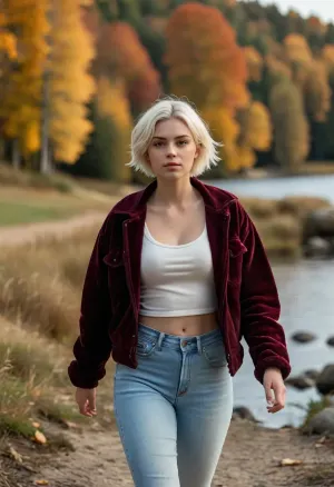 (masterpiece, best quality), 1 swedish 25yo woman, (she wears a plain velvet t-shirt, a open jeans jacket with sheepskin lining and a jeans pant:1.4), bright ice blue eyes, (short white blonde hair:1.2), curvy body with heavy hanging natural boobs, (she is in autumn landscape and she is walking to a lakeshore:1.4), photorealism, beautiful sunset, serious look, clothes, <lora:style_lora_realis:.5>, <lora:Detailed_female_hands-000001:.5>