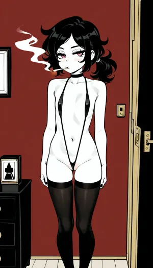 Derpixon style, simple cartoon porn, bold black outlines, vibrant flat colors, without shading, clean lines, maximum simplicity, clean flat coloring, no complex details, no gradients, no shine, on the living room, near the wall, Ashley Graves, Ashley Graves from The coffin of Andrew and Leyley, white skin, adult, 18 years old, tiny body, short stature, flat chest, cute innocent face, small slingshot bikini, stockings with bands, standing, smoking a cigarette, visible pussy, focus on face