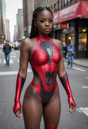 8k, best quality, (masterpiece), (intricate details), (cowboy shot), ((side view)), super sexy 25 year old Black woman dressed as a female Spider-Man, ((black skin:1.5)), long braided black hair, authentic red, and blue 190s era Spider-Man costume, (small black eye mask), brown eyes, perfect face, detailed eyes, sexy, mysterious, ((small round breasts)), narrow hips, (cameltoe:1.6), muscular legs, tight round ass, red boots, perfect lighting, high detail, octane render, in the center of a busy New York City street, action pose